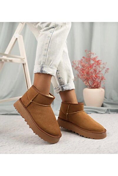 SİVMAL Mini Taba Süet Yarım Bot Içi Tüylü Düz Taban Kadın Ayakkabı