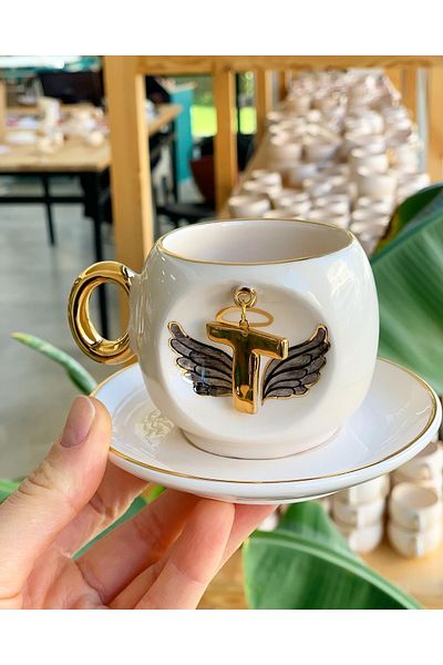 BSK Black Angel Patterned Letter Coffee Cup - Ceramics Handmade Letter T