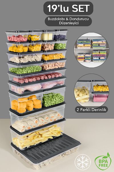 Meleni Home Anthracite Refrigerator Organizer Set of 19 - Deep and Shallow Microwave Freeze Container
