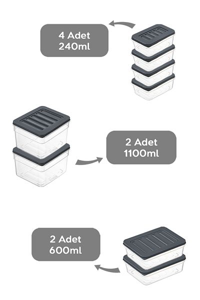Meleni Home 8-Piece Anthracite Refrigerator Organizer Set - Deep and Shallow Microwave Freezer Container