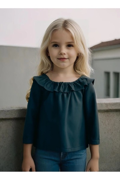 Moda Lina Baby بلوزة سوداء اللون بأكمام طويلة وياقة مادونا للفتيات