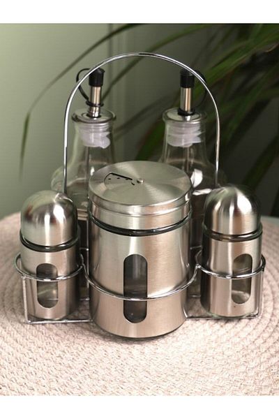 Viyalente 6 Piece Spice Rack Oil-Cirky Set with Acacia Stand