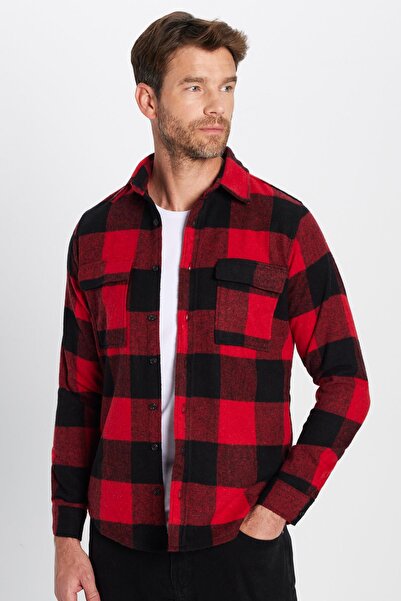 Tudors Unisex Slim Fit Dar Kesim Oduncu Çift Cep Kapaklı Kareli Kışlık Gömlek