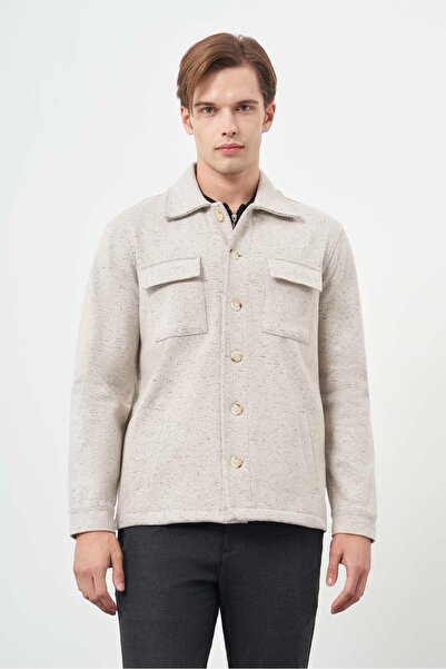 İmza Μπεζ Slim Fit Classic Coat - Polo Collar, Ζακάρ μοτίβο, χωρίς σχισμές και χωρίς επένδυση 1007245160