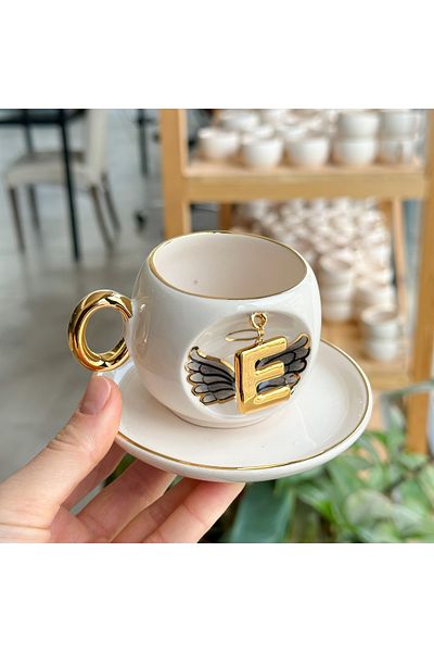 BSK Black Angel Patterned Letter Coffee Cup - Ceramics Handmade
