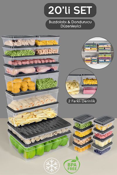 Meleni Home Microwave-Compatible Organizer Set of 20 - Anthracite Deep and Shallow Food Food Storage Container