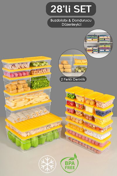 Meleni Home Yellow Microwave Refrigerator Organizer Set of 28 - Deep and Shallow Storage Container