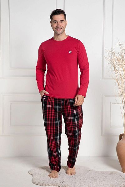 Mecit Pijama Set de pijamale pentru bărbați, cu mâneci lungi, în carouri, din bumbac de iarnă