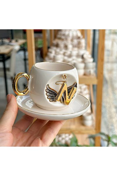 BSK Black Angel Patterned Ceramics Handmade Cup - Letter N