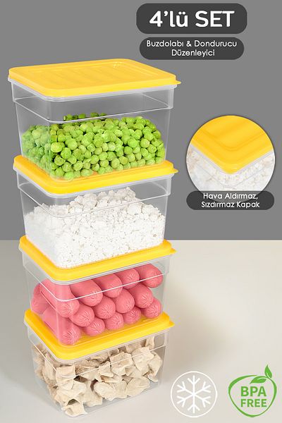 Meleni Home 4-Piece Yellow Microwave Freezer Container - 1100ml Deep Refrigerator Organizer Set