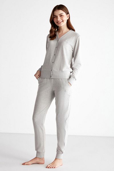 U.S. Polo Assn. Women's Knitwear Cardigan and Trousers Home Wear Set, V-Neck Top with Buttons and Cuffed Legs