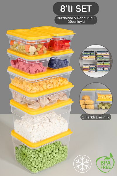 Meleni Home 8-Piece Yellow Refrigerator Organizer Set - Deep and Shallow Microwave Freezer Container