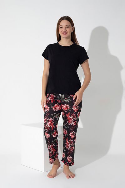 ModaLeaf Black Color Flower Pattern Short Sleeve Pajamas Set 300