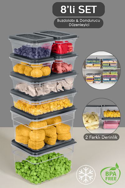 Meleni Home 8-Piece Anthracite Refrigerator Organizer Set - Deep and Shallow Microwave Freezer Container