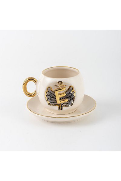 BSK Black Angel Patterned Letter Coffee Cup - Ceramics Handmade