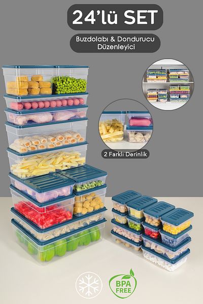 Meleni Home 24-Piece Refrigerator Organizer Set Organizer Storage Container Deep and Shallow Microwave Freezer Container Blue