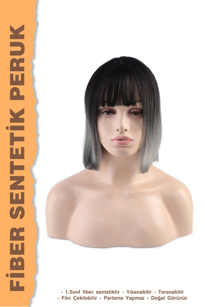 KONAK PERUK Küt Perçemli Fiber Sentetik Peruk - Siyah / Gri Ombreli