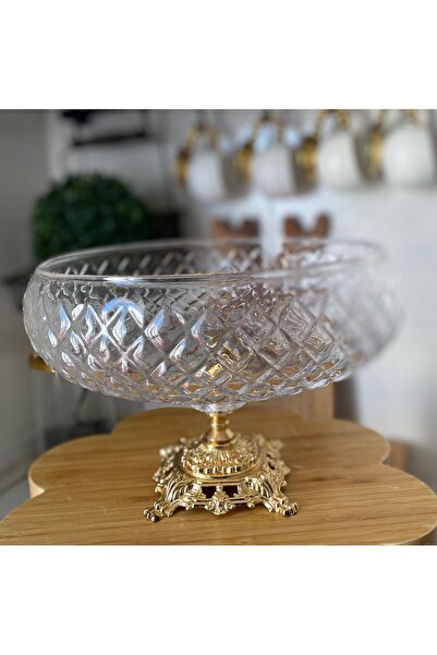 atabey home collection Lotus Crystal 24 cm - Gold Foot Salad Bowl with Square Cutting Decor
