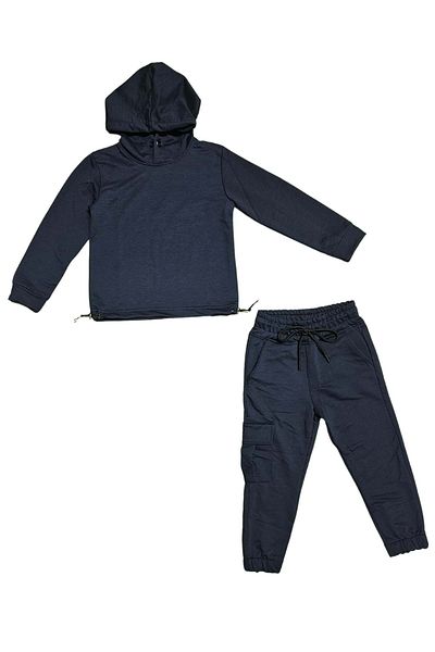 Mnk Baby&Kids Casual αθλητική φόρμα για κορίτσια με κουκούλα - Λεπτομέρεια από καουτσούκ στη μέση, 2 κλωστές MNK0665 ΣΚΟΥΡΟ ΜΠΛΕ