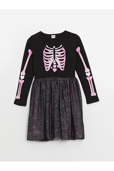 LC Waikiki LCW Kids - Crew Neck Printed Long Sleeve Girl's Dress