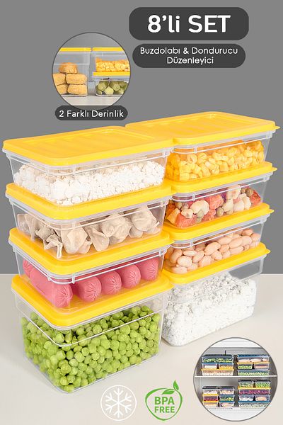 Meleni Home 8-Piece Yellow Refrigerator Organizer Set - Deep and Shallow Freezer Container