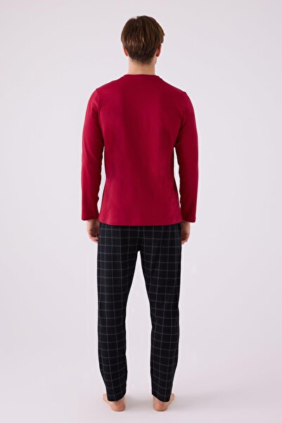 Arnetta Claret Red καρό ανδρικό σετ πιτζάμες με μακριά μανίκια - με τσέπες, 100% βαμβάκι