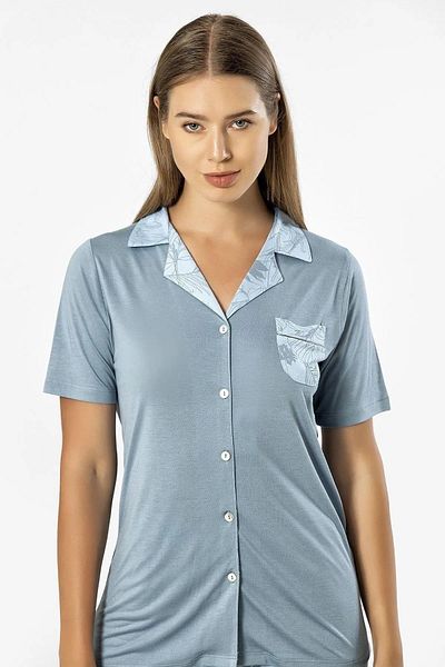 TÜREN Set cămașă și pijama pentru femei cu mânecă scurtă albastră