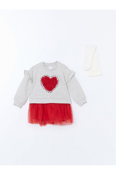 LC Waikiki Lcw Crew Neck Ruched Baby Girl Dress and Pantyhose Fast Fashion