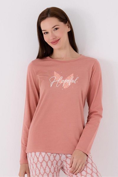 Arnetta Women's Retro Pink Pajama Set, Long Sleeve Round Neck and Pocket Detail