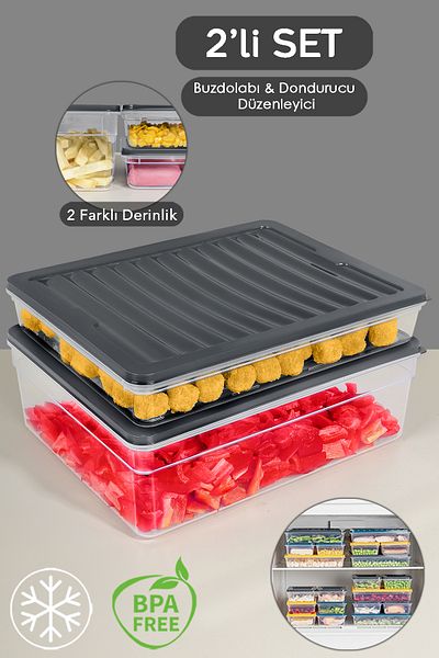 Meleni Home 2-Piece Refrigerator Organizer Set - Deep Shallow Microwave, XL Anthracite Freeze Container