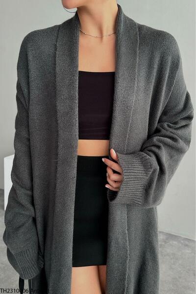 CADDELAMODA Women's Anthracite Shawl Collar Long Knitwear Cardigan