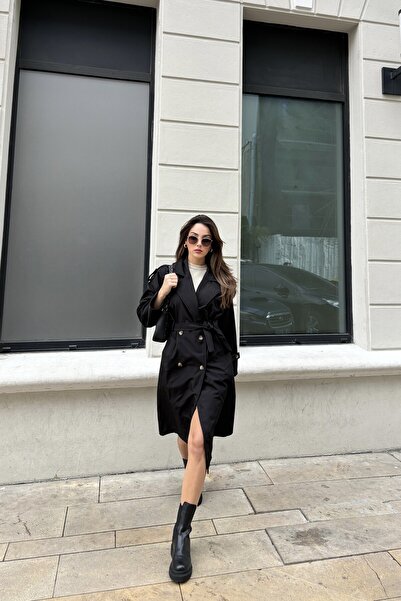 MAT Collection Kadın Siyah Omuz Apoletli Kuşaklı Trençkot