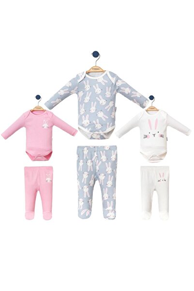 Necix's Tavşan Baskılı Kız Bebek Çıtçıtlı Badi ve Patikli Alt Üç Adet İkili T...