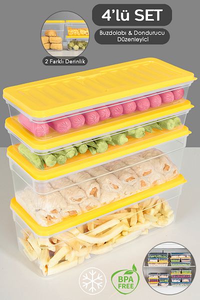 Meleni Home Set of 4 Yellow Microwave Refrigerator Organizer - Deep and Shallow Storage Container L