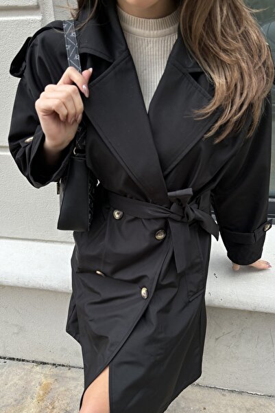 MAT Collection Kadın Siyah Omuz Apoletli Kuşaklı Trençkot