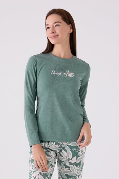 Arnetta Kadın Bisiklet Yaka Uzunkol Pijama Takım, Viskon Dokuma, Büyük Beden Kadın Pijama Takım