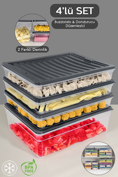 Meleni Home 4-Piece Anthracite Refrigerator Organizer Set - Deep and Shallow Freeze Container XL