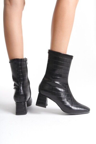 MRVN MERVINA Μαύρο Kroco Skin Loly - Γυναικείες μπότες με τακούνι μεσαίου μήκους