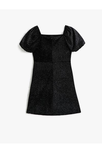 Koton Sparkly Mini Dress Balloon Sleeve U Neck