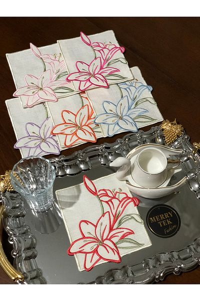 MERRY TEK Floral Colorful Ecru Gold Brown Side Presentation Cocktail Napkins Pack of 6