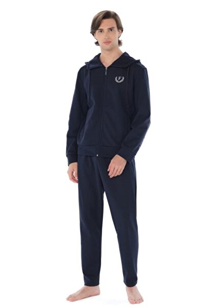 Feyza Pijama Pamuklu 2 İplik Dokuma Kapşonlu Lacivert Eşofman Takım