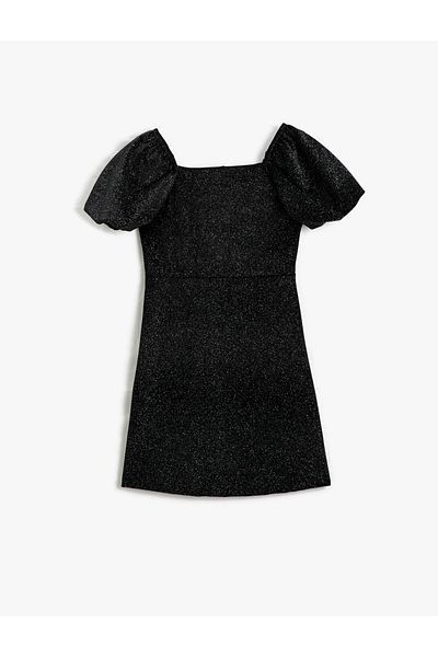 Koton Sparkly Mini Dress Balloon Sleeve U Neck