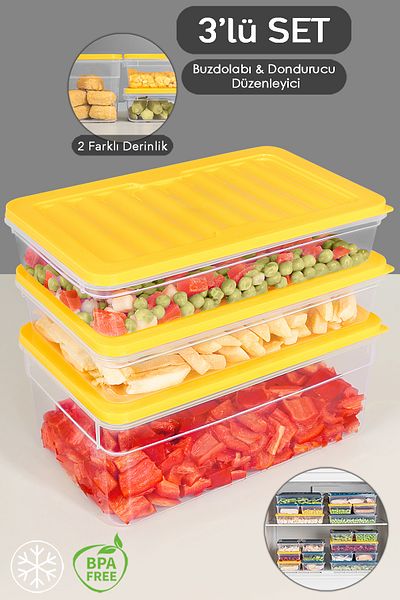 Meleni Home 3-Piece Refrigerator Organizer Set - Deep and Shallow Microwave Freezer Container, m Yellow