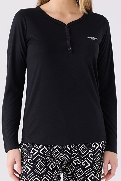 Pierre Cardin Women's Black Three-Button Long Sleeve Pajamas Set (There Are Oversized)