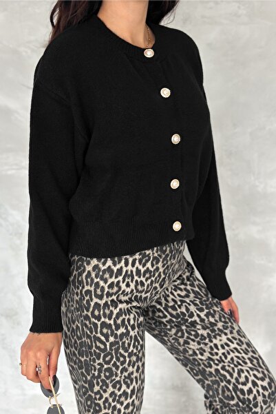 FEMELLE Women's Black Standard Size Pearl Button Short Knitwear Cardigan