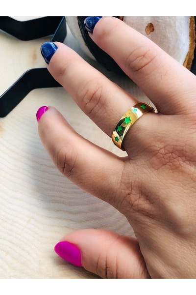 ACAR TAKI Gold Color Green Star Patterned Steel Ring 316L5762-8No