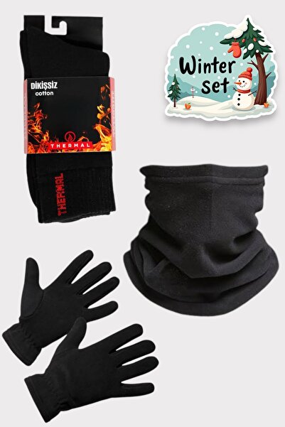 Katmirra Unisex Negru Termic Iarna Calitate Fleece Mănuși Gât Sosete Seturi de măști de zăpadă