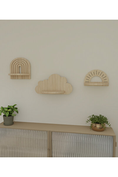 WoodArtDesign Semplice Güneş,Bulut ve Gökkuşağı 3'lü Set Duvar Rafı