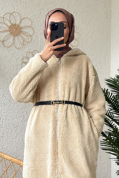 Salih Çelebi 2183 Model - Stone Color Long Plush Hooded Cap