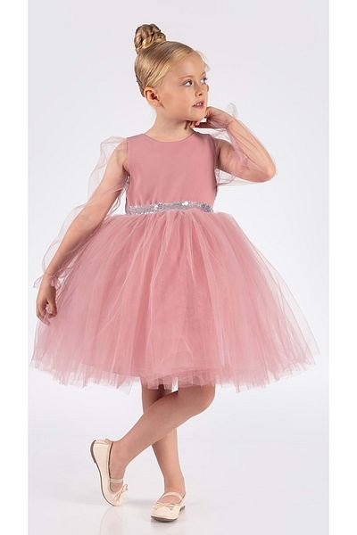 Mnk Baby&Kids Βραδινό φόρεμα με μανίκια σιφόν για κορίτσια με φύλλα Mnk0534 Ροζ